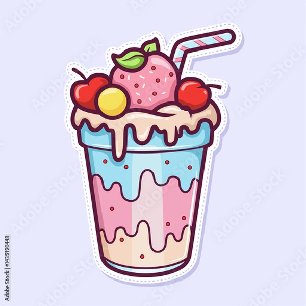 Fototapeta Cute Milkshake Cartoon Vector Icon Illustration with Cream and Fruits.