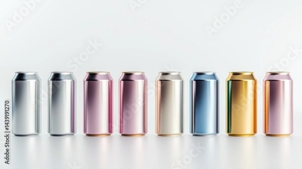 Fototapeta Group of aluminum cans with metallic labels in various shades on a white background.