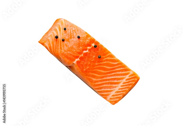 Fototapeta Top view photo of a fillet or piece of raw salmon meat with pepper or spices prepared for cooking isolated and generated with AI in png file format