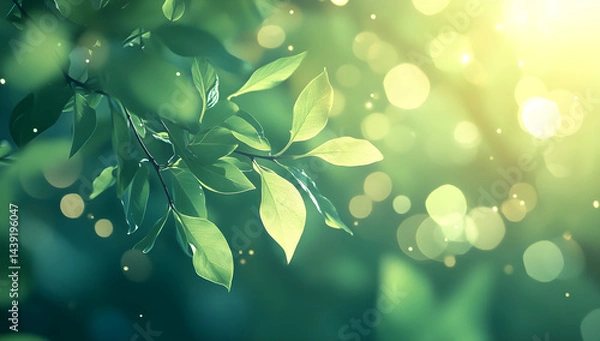 Fototapeta "Fresh Green Leaves with Sunlight in Spring Nature Background"