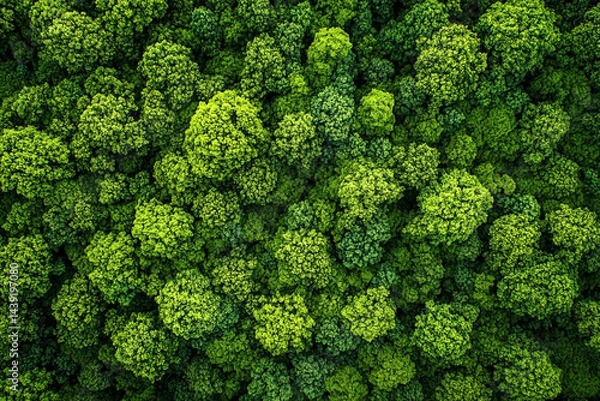 Fototapeta Aerial view showcasing a vibrant green canopy of a dense forest ecosystem