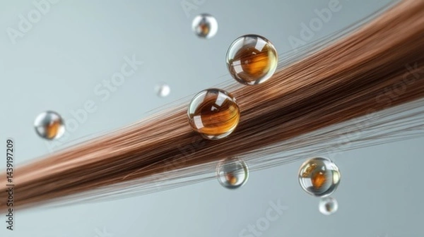 Obraz Microscopic view of hair strand featuring water droplets showcasing texture and shine in a serene environment