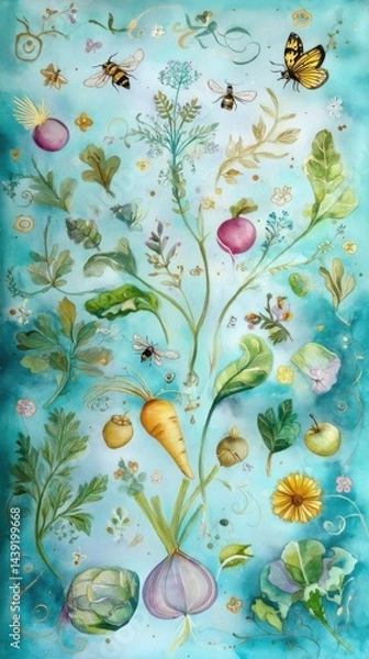 Obraz Growing your own vegetables in your own garden. Whimsical Watercolor Botanical Illustration Featuring Vegetables Flowers and Insects on Teal Background