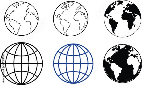 Obraz Earth Blue Outline Icon Vector Bundle – Isolated Globe Illustration Set