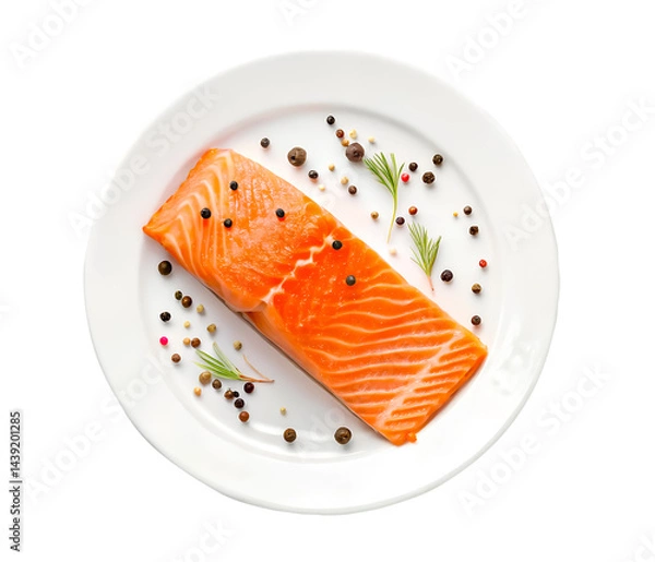 Fototapeta Top view photo of a fillet or piece of raw salmon meat with pepper and other spices prepared for cooking on white plate isolated and generated with AI in png file format