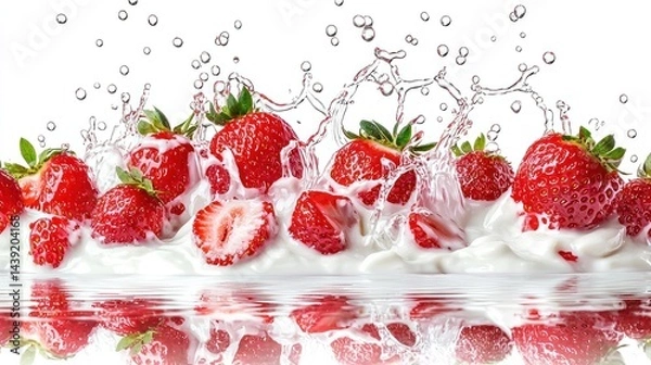 Fototapeta Group of fresh strawberries being dropped into thick vanilla yogurt, creating a splash effect on white background.