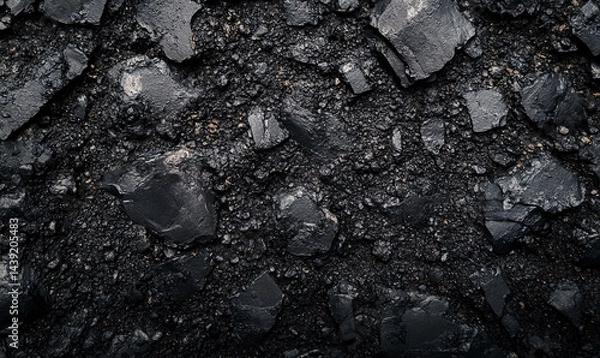 Fototapeta Raw energy: A high-angle macro view of glistening coal rocks and granules