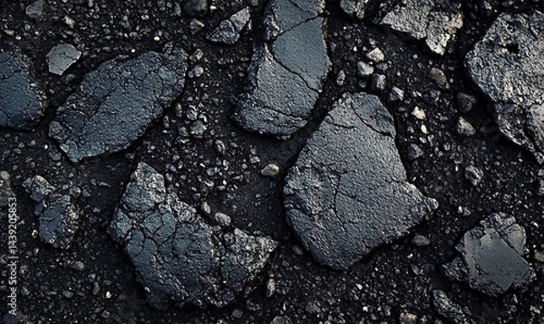 Fototapeta Cracked asphalt road surface featuring a close-up of its rough texture
