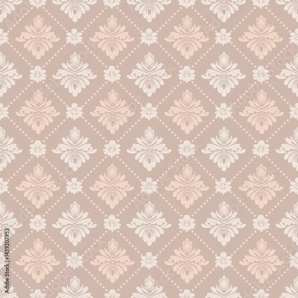 Fototapeta Vintage-inspired beige damask pattern with floral details and elegant diamond grid arrangement. Perfect for wallpaper, textiles, stationery, and digital projects.