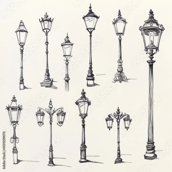 Fototapeta Various hand drawn illustrations showing classical style street lamp designs