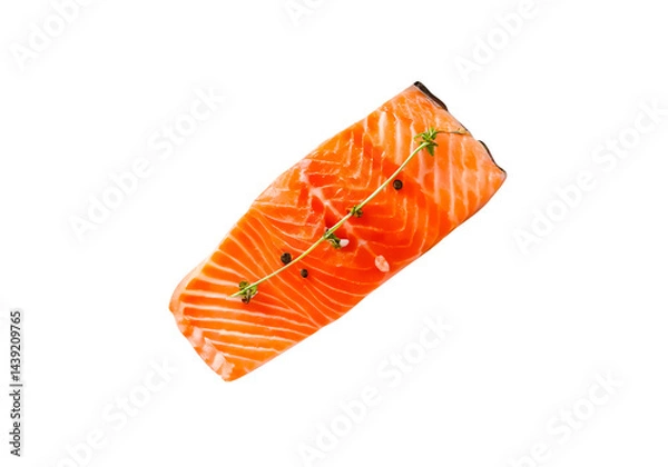 Fototapeta Top view photo of a fillet or piece of raw salmon meat with pepper or spices prepared for cooking isolated and generated with AI in png file format