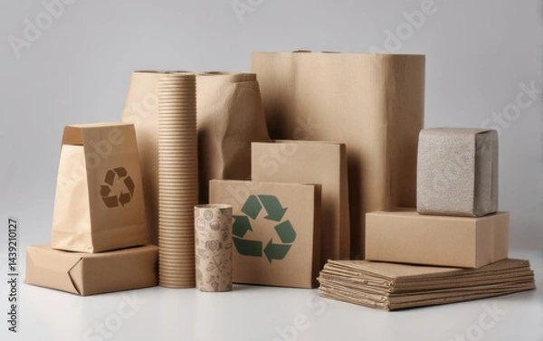 Obraz Eco-friendly packaging options displayed on a neutral backdrop showcasing various materials and shapes for sustainable use