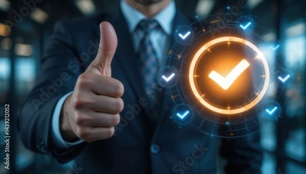 Obraz Corporate Leader Showing Approval. Thumbs Up with Futuristic Checkmarks for Business Integrity, Success, and Trust