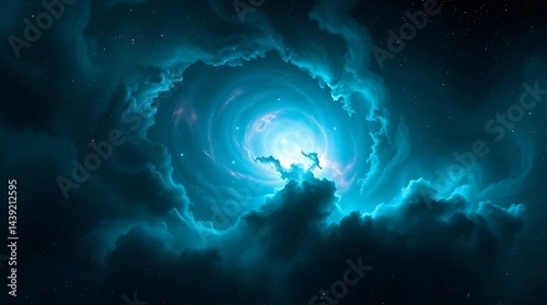 Obraz A vast cosmic nebula, swirling gaseous formations illuminated by stars, ultra-HD, volumetric lighting, intense dramatic lighting, high contrast, deep teal, luxurious