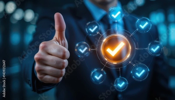 Obraz Corporate Leader Showing Approval. Thumbs Up with Futuristic Checkmarks for Business Integrity, Success, and Trust