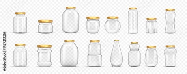Fototapeta Glass jar. Empty transparent bottle different forms, food lid container or clear 3d jam package. Kitchen storage with metal cup, empty glassware vector mockup, realistic isolated elements