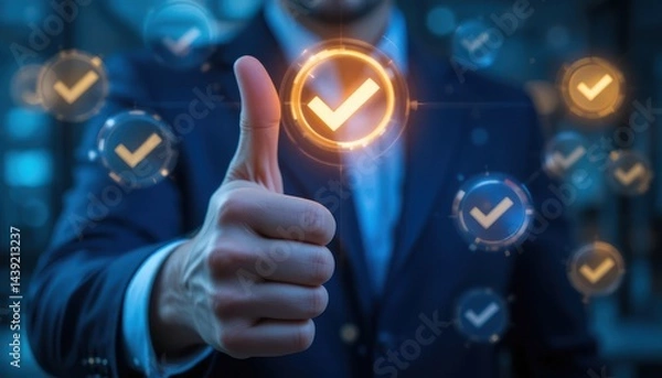 Obraz Professional Thumbs Up with Digital Tick Symbols. Modern Concept of Success, Reliability, and Quality Approval in Business