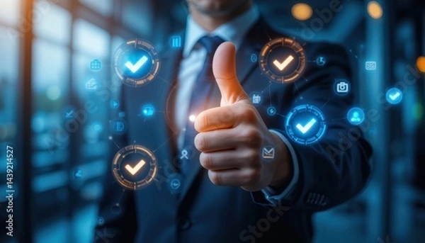 Obraz Professional Thumbs Up with Digital Tick Symbols. Modern Concept of Success, Reliability, and Quality Approval in Business