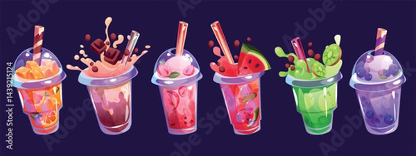 Fototapeta Summer drink. Fruit juice, cocktail for beverage menu. Ice glass lemonade, cold strawberry or sweet orange fresh. Watermelon, milk chocolate and kiwi. Isolated menu elements. Vector set