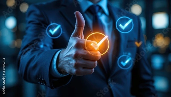Obraz Confident Entrepreneur Giving Thumbs Up with Glowing Check Icons. Business Trust, Success and Quality Concept