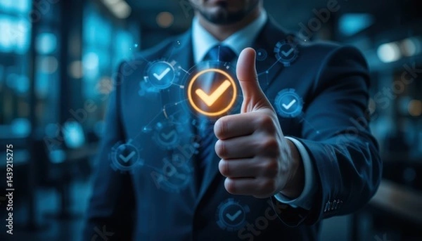 Obraz Confident Entrepreneur Giving Thumbs Up with Glowing Check Icons. Business Trust, Success and Quality Concept