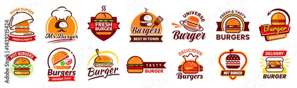 Fototapeta Burger logo. Hamburger logotype set. Fast food emblem. Cheeseburger label or sticker. Menu graphics design. Grilled meat icon. Vector cartoon flat style isolated illustration set