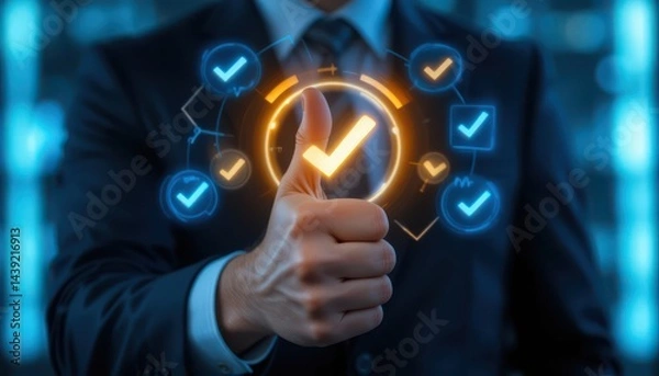 Obraz Businessman Giving Thumbs Up with Digital Checkmark Icons. Symbol of Trust, Approval, and Corporate Success in a Modern Digital World