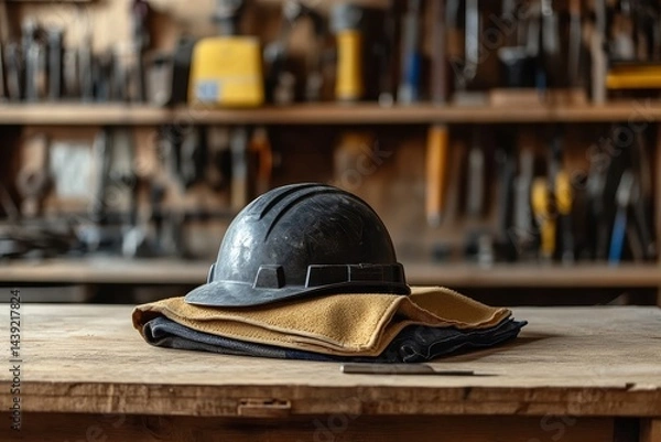 Obraz Dark safety helmet rests on workbench among tools.