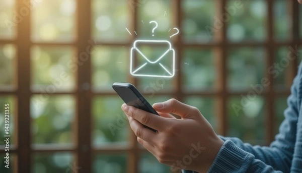 Obraz Young Woman Receiving Digital Message on Phone with Email Symbol Above Screen, Seamless Mobile Communication in Eco-Friendly Interior Atmosphere
