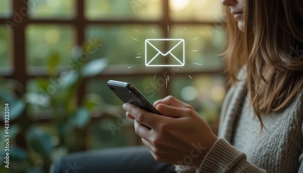 Obraz Young Woman Receiving Digital Message on Phone with Email Symbol Above Screen, Seamless Mobile Communication in Eco-Friendly Interior Atmosphere