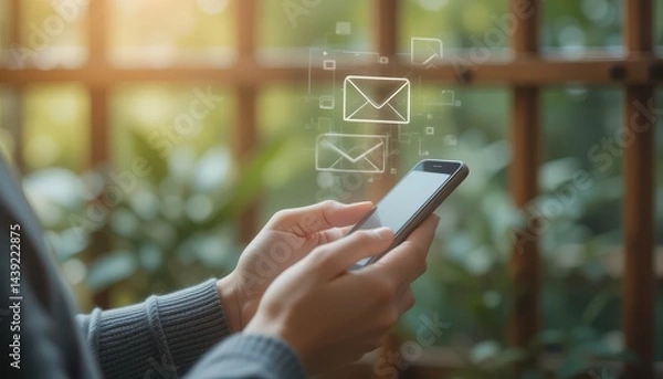Obraz Close-Up of Female Hands Using Mobile Phone with Email Icon Floating, Depicting Online Messaging and Real-Time Notification in Cozy Natural Environment