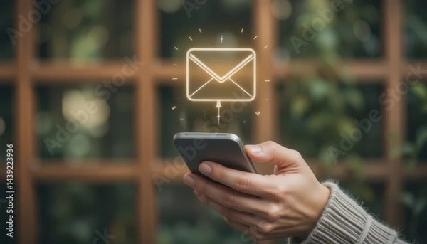 Obraz Close-Up of Female Hands Using Mobile Phone with Email Icon Floating, Depicting Online Messaging and Real-Time Notification in Cozy Natural Environment