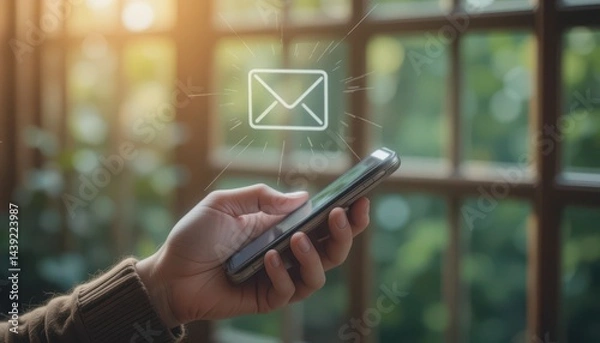 Obraz Close-Up of Female Hands Using Mobile Phone with Email Icon Floating, Depicting Online Messaging and Real-Time Notification in Cozy Natural Environment
