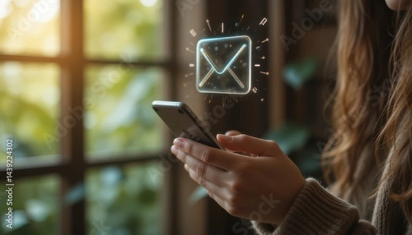 Obraz Close-Up of Female Hands Using Mobile Phone with Email Icon Floating, Depicting Online Messaging and Real-Time Notification in Cozy Natural Environment