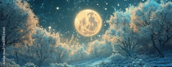 Obraz Enchanted winter night scene with a large full moon illuminating snowy trees and sparkling lights.