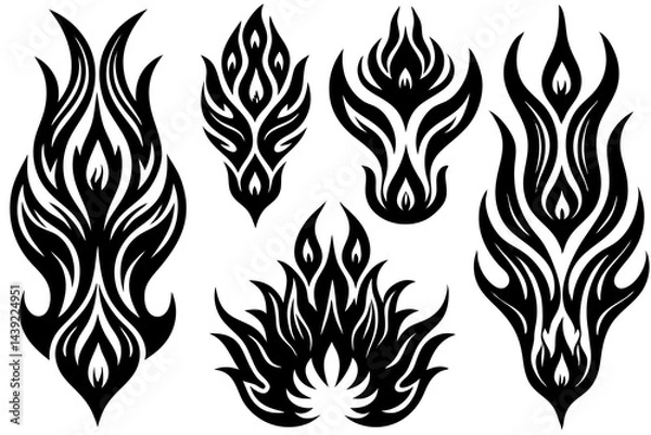 Fototapeta Vector fire flames set with tribal tattoo design and hot orange burn element