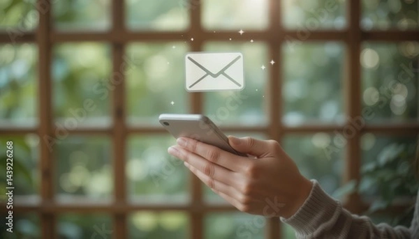 Obraz Woman Holding Smartphone Checking Email Notification Icon in Natural Indoor Setting, Modern Digital Communication and Mobile Technology Concept Background