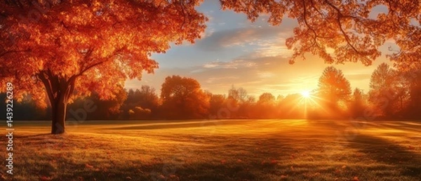 Fototapeta Capture a stunning real-life photograph of the autumn equinox, featuring a serene landscape with trees adorned in fiery shades of red, orange, and yellow, as the sun sets on the horizon