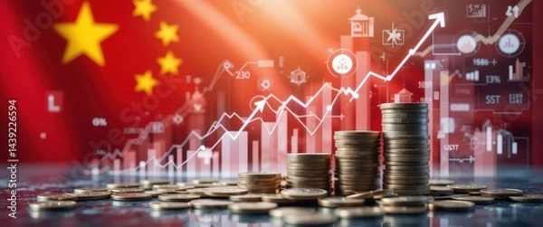 Obraz Stacked Coins and Rising Financial Charts Representing Global Economic Trends, Investment Shifts, and International Market Performance Over Time