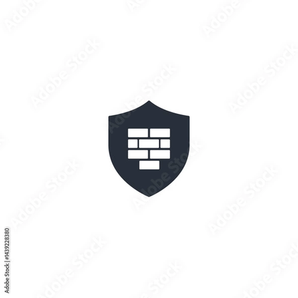 Fototapeta Flat vector icon of shield with block wall, symbol of firewall, digital protection, cybersecurity, threat blocking and network defense.