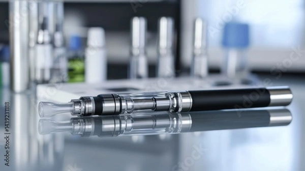 Fototapeta Close-Up of Modern Vape Device on Table with Blurry Background of E-Liquid Bottles and Accessories