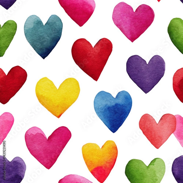 Fototapeta Watercolor heart illustrations in assorted bright shades, seamless romantic pattern, clear background --v 7.0