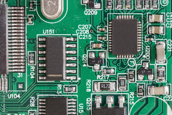 Fototapeta Electronic components with a microprocessor on the printed circuit board.