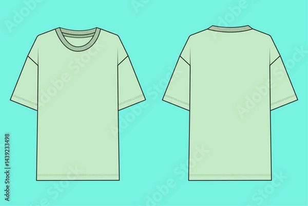 Fototapeta Men's drop shoulder short sleeve T-shirt fashion flat sketch CAD mockup front and back views.