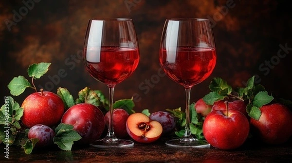 Fototapeta Two Glasses Of Red Apple Juice With Apples And Plums