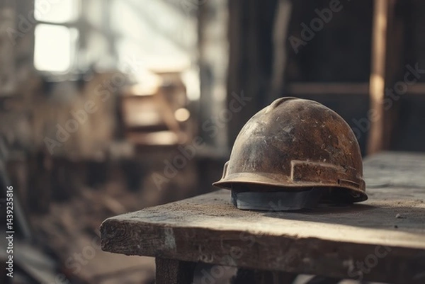 Obraz Dusty construction helmet on weathered wooden table.