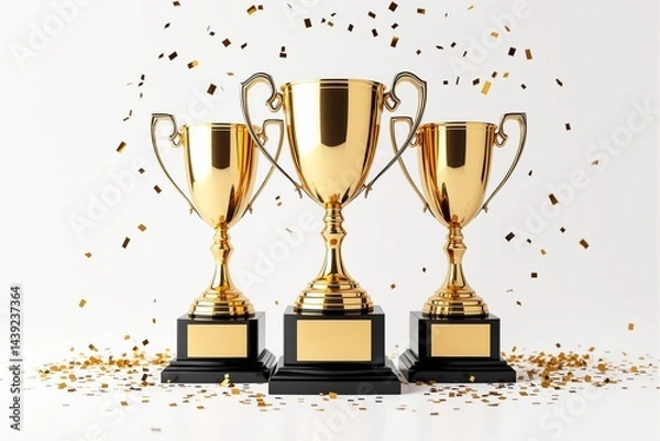 Fototapeta Three golden trophies with confetti on a white background.