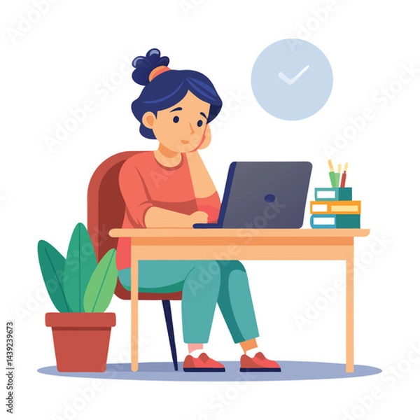 Fototapeta Bored woman sitting at desk. Tired sad office worker. Procrastination, burnout and boredom concept. Depressed upset exhausted lazy student. Flat vector illustration isolated on white background