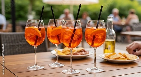 Fototapeta Captured in an outdoor setting, three Aperol Spritz cocktails on a wooden table suggest a relaxed social occasion with snacks and drinks