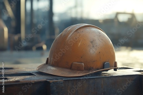 Obraz Rusty orange safety helmet resting on metal beams.